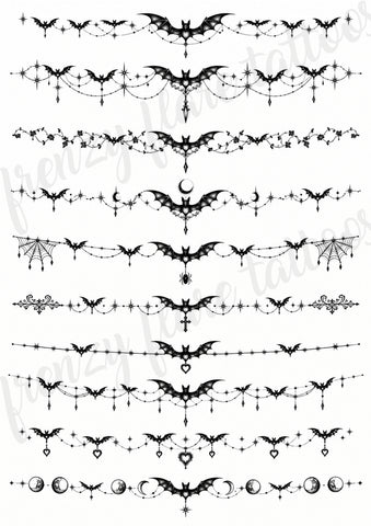 Bat Choker Temporary Tattoos – Gothic Halloween Neck Jewelry, Vampire Costume, Spiderweb & Celestial Designs