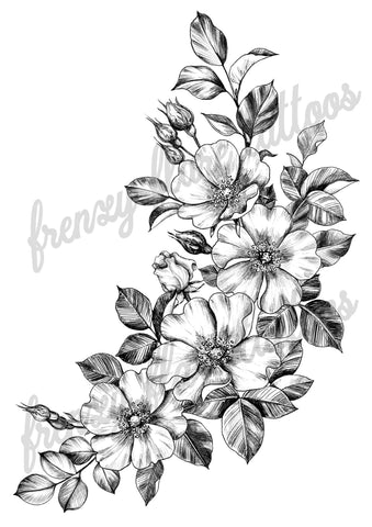 Floral Sexy Temporary Tattoo for Hip, Thigh and and Side of Body. Dog Roses Line Art. Valentines Day Gift