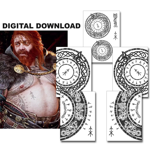 Digital Download Thor GOW Tattoo Designs. Face Runes, Chest and Stomach Viking Designs for Cosplayers. Print At Home